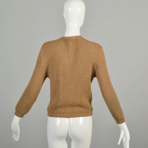 *AS IS* Medium 1960s Tan Cardigan Open Knit Acrylic Distressed Grungy Sweater DAMAGED  - Fashionconservatory.com