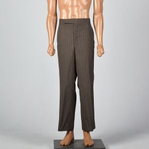 Large 1960s Brown Pinstripe Pants Pockets Tapered Leg Flat Front Zip Fly - Fashionconservatory.com