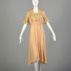 XS 1910s Dress Pink Silk Edwardian Lace Short Sleeve