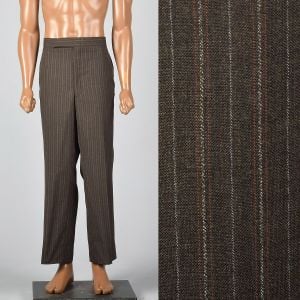 Large 1960s Brown Pinstripe Pants Pockets Tapered Leg Flat Front Zip Fly