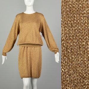 Large 1980s Set Metallic Gold Knit Skirt Sweater Ensemble