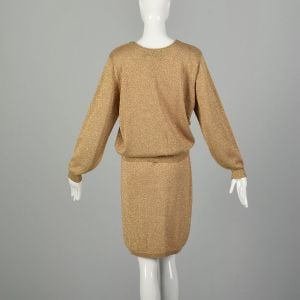 Large 1980s Set Metallic Gold Knit Skirt Sweater Ensemble - Fashionconservatory.com