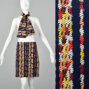 Medium 1960s Navy Skirt and Scarf Set Mini Knit with Red Yellow White and Orange Flecked Stripes