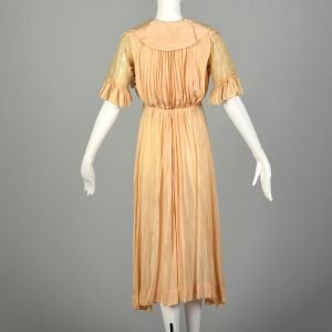 XS 1910s Dress Pink Silk Edwardian Lace Short Sleeve - Fashionconservatory.com