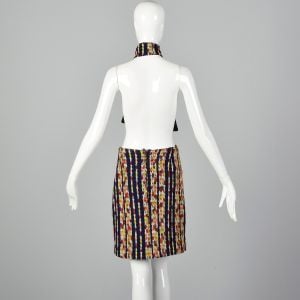 Medium 1960s Navy Skirt and Scarf Set Mini Knit with Red Yellow White and Orange Flecked Stripes - Fashionconservatory.com