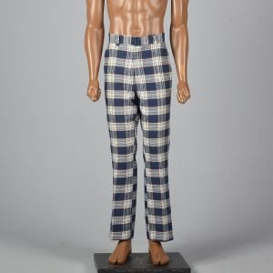 Large 1970s Mens Blue and Red Plaid Pants Flat Front Slant Pockets Flared Leg Zip  - Fashionconservatory.com