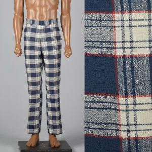 Large 1970s Mens Blue and Red Plaid Pants Flat Front Slant Pockets Flared Leg Zip 