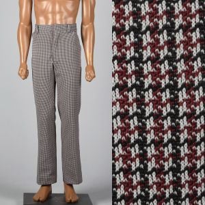 Medium 1970s Mens Houndstooth Pants Flat Front Zip Fly Slanted Pockets Flared Hem 70s Vintage Pants