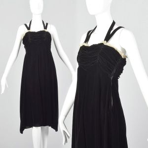 XS 1940s Black Velvet Dress Halter Straps Ruched Bodice White Lace Trim Cocktail Party