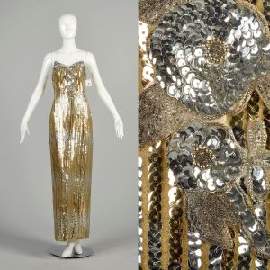 Medium 1970s Gold Silver Dress Metallic Floral Sequin Lurex Strapless Elegant Evening Formal Maxi 