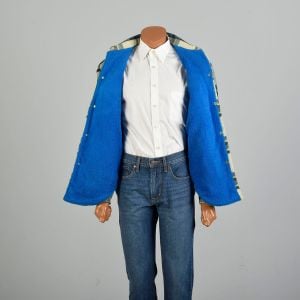 43L Medium 1960s Plaid Shirt Jacket Cream Blue Green Black Snap Front Faux Sherpa Lined Coat  - Fashionconservatory.com