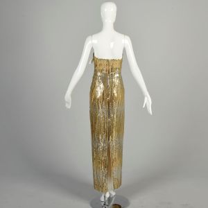 Medium 1970s Gold Silver Dress Metallic Floral Sequin Lurex Strapless Elegant Evening Formal Maxi  - Fashionconservatory.com