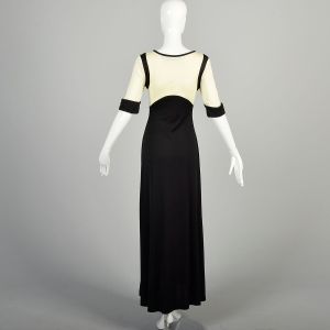 XS-S 1970s Black Ivory Dress Mod Color Block Stretchy Short Sleeve Space Age Maxi  - Fashionconservatory.com