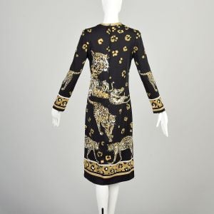 Large/ XL 1970s Leopard Dress Long Sleeve Exotic Wild Cat Casual Signature Print Paganne Maxi Dress - Fashionconservatory.com