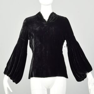 Medium 1930s Shirt Black Silk Velvet Bishop Sleeves
