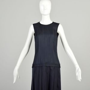 Small 2010s Navy Blue Dress Pleated Skirt Drop Waist Sleeveless Classic Shift Dress DKNY Donna Karan
