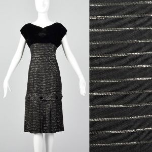 Medium 1950s Cocktail Dress Metallic Stripes Black Velvet Bodice