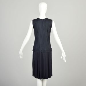 Small 2010s Navy Blue Dress Pleated Skirt Drop Waist Sleeveless Classic Shift Dress DKNY Donna Karan - Fashionconservatory.com