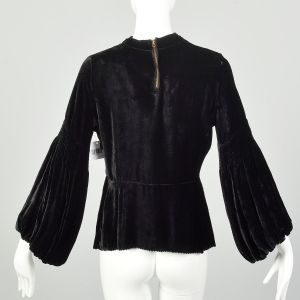 Medium 1930s Shirt Black Silk Velvet Bishop Sleeves - Fashionconservatory.com