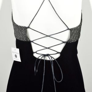 XS 1990s Dark Navy Blue Black Dress Silver Lurex Glitter Dot Corset Back Tie Velvet Mini Dress  - Fashionconservatory.com