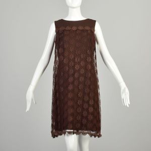 Medium 1960s Brown Dress Sheer Floral Lace Overlay Sleeveless Chocolate Swing Shift Dress