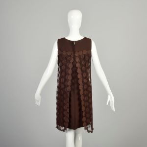 Medium 1960s Brown Dress Sheer Floral Lace Overlay Sleeveless Chocolate Swing Shift Dress - Fashionconservatory.com