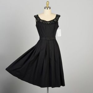 Small 1950s Little Black Dress with Floral Applique and Rhinestones - Fashionconservatory.com