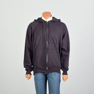 M-L 1990s Black Hoodie Zip Front Sweatshirt Fleece Jacket Mens Action Sportswear Deadstock 