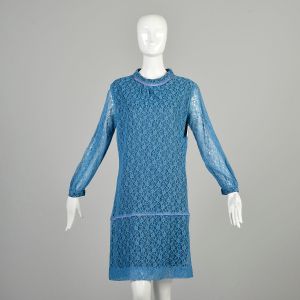 Large 1960s Blue Dress Floral Lace Overlay Sheer Long Sleeve Button Cuff Modest Shift Dress 