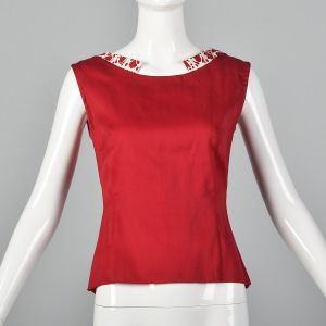 XXS 1950s Red Tank Top Cotton Sleeveless Button Back Unique Collar 