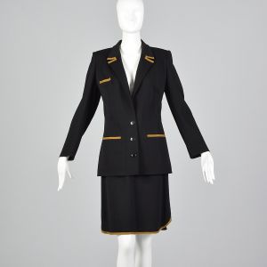 Medium 1980s Sonia Rykiel Black Wool Skirt Suit Long Sleeve Knit Blazer Jacket