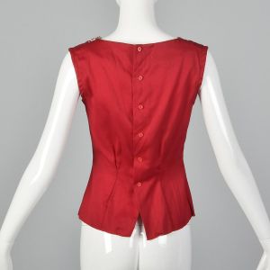XXS 1950s Red Tank Top Cotton Sleeveless Button Back Unique Collar  - Fashionconservatory.com
