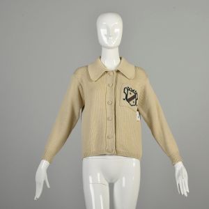 Medium 1960s Tan Knit Cardigan Long Sleeve Collared Ivy League Prep Pocket Button Up Sweater 