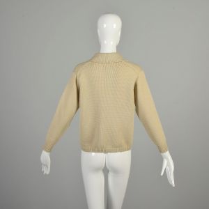 Medium 1960s Tan Knit Cardigan Long Sleeve Collared Ivy League Prep Pocket Button Up Sweater  - Fashionconservatory.com