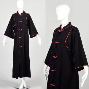 L-XL-XXL 1980s Black Robe Red Trim Frogs Fuzzy Velour Fleece Long Sleeve Housecoat Loungewear 