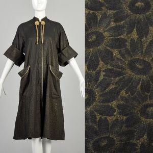 Large 1950s Black Robe Gold Trim Floral Print Zip Front Huge Pockets House Dressing Gown 