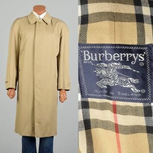 UK50R Large 1980s Burberrys' Tan Trench Coat Button Front Nova Check Beige Mens Jacket Overcoat