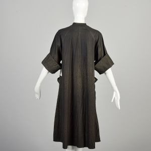 Large 1950s Black Robe Gold Trim Floral Print Zip Front Huge Pockets House Dressing Gown  - Fashionconservatory.com