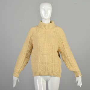 Medium 1960s Cream Sweater Wool Blend Basketweave Chunky Knit Preppy Turtleneck Fisherman Sweater