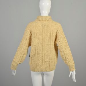 Medium 1960s Cream Sweater Wool Blend Basketweave Chunky Knit Preppy Turtleneck Fisherman Sweater - Fashionconservatory.com