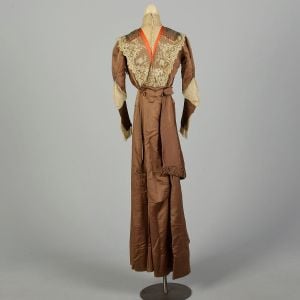 XXS 1900s Silk Dress Victorian Lace Colorful Brown Long Sleeve As Is - Fashionconservatory.com