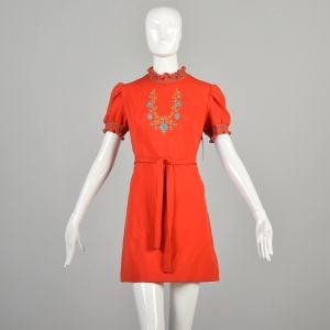 Small 1970's Mini Dress Orange Floral Embroidered Belted Boho Mini Dress Ruffled Smocked Vintage Dre