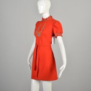 Small 1970's Mini Dress Orange Floral Embroidered Belted Boho Mini Dress Ruffled Smocked Vintage Dre - Fashionconservatory.com