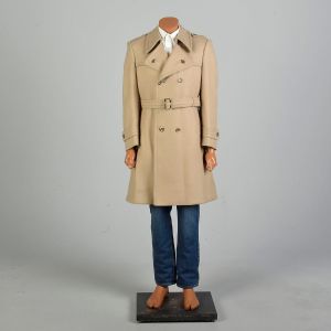 Small 1990s Trench Coat Tan Camel Heavy Tweed Belted Double Breasted Mid-Length Jacket 