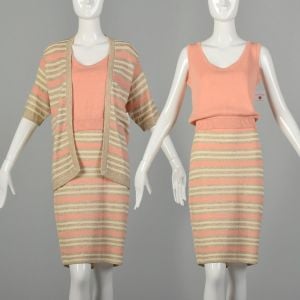 Medium 1980s St. John Set Knit Skirt Peach Cardigan 3pc Ensemble