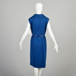 Medium 1970s Royal Blue Dress Wool Knit Wide Collar Button Front Sleeveless Layering Business Casual - Fashionconservatory.com