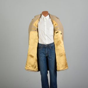 Small 1990s Trench Coat Tan Camel Heavy Tweed Belted Double Breasted Mid-Length Jacket  - Fashionconservatory.com