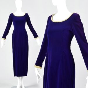 XS 1970s Maxi Dress Purple Velvet with Gold Trim Long Sleeve Evening Dress