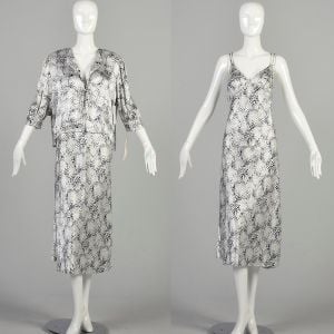 Medium 1980s Nightgown Peignoir Set Pearly White Navy Abstract Spots Lingerie Bed Jacket Ensemble