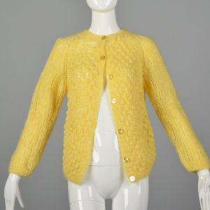 Large 1960s Yellow Cardigan Hand Knit In Italy Puff Stitch Sweater